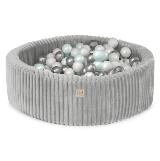 PLUSH NEST Dry ball pool, 90x30 cm, round, Gray, Puffy Lamell, 200 balls: pearl, silver, mint pearl